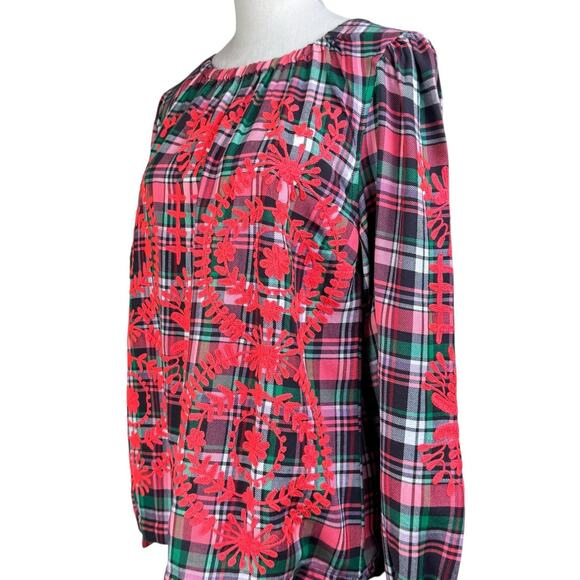 Ivy Jane Pink Green Plaid Floral Embroidered Stretchy Flowy Cotton Top - Picture 5 of 12